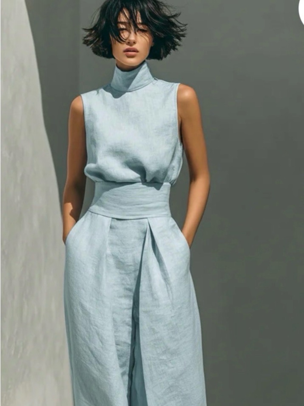 Light Blue High-Neck Linen Two Piece Jumpsuit